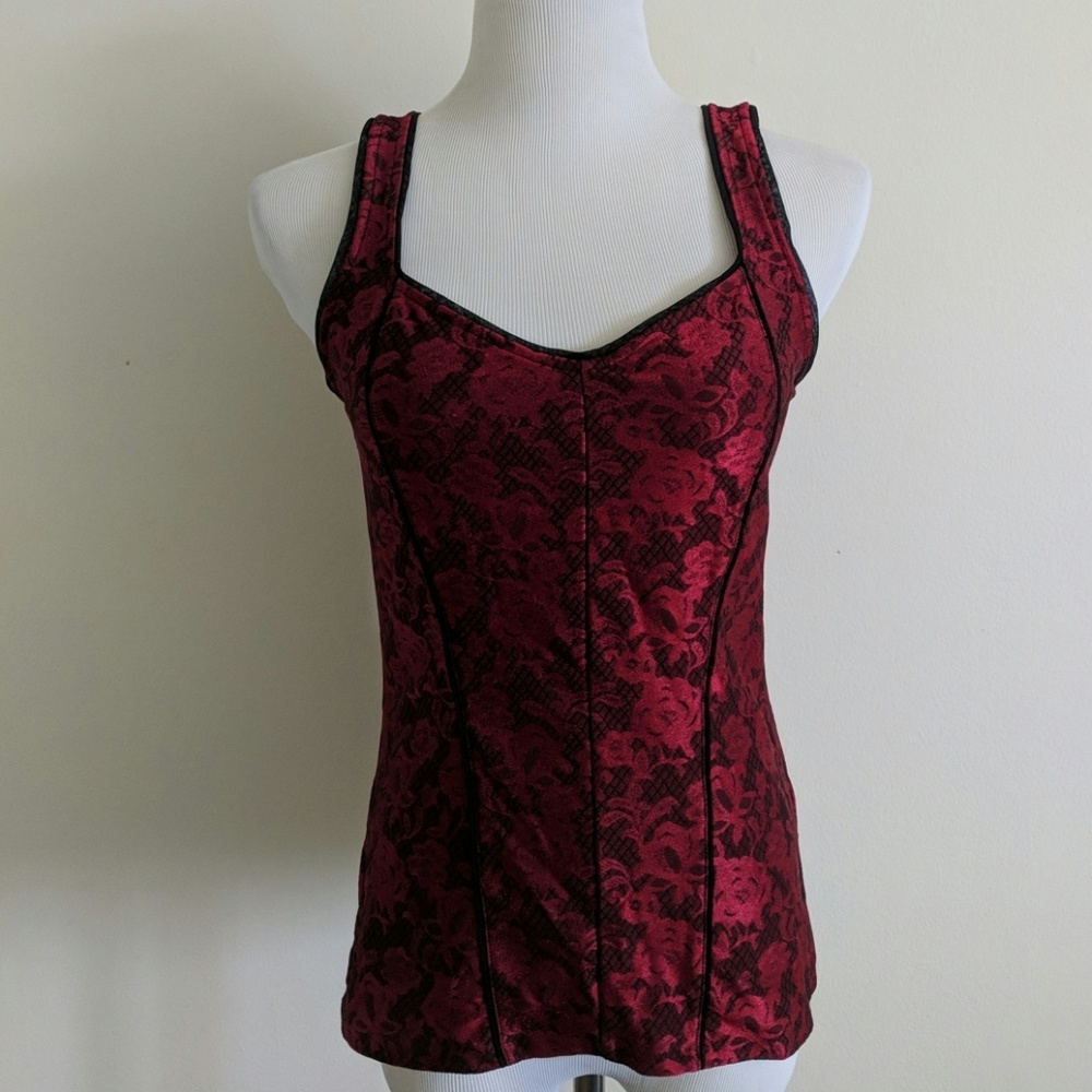 Red and Black lace print jaqcard tank top cami